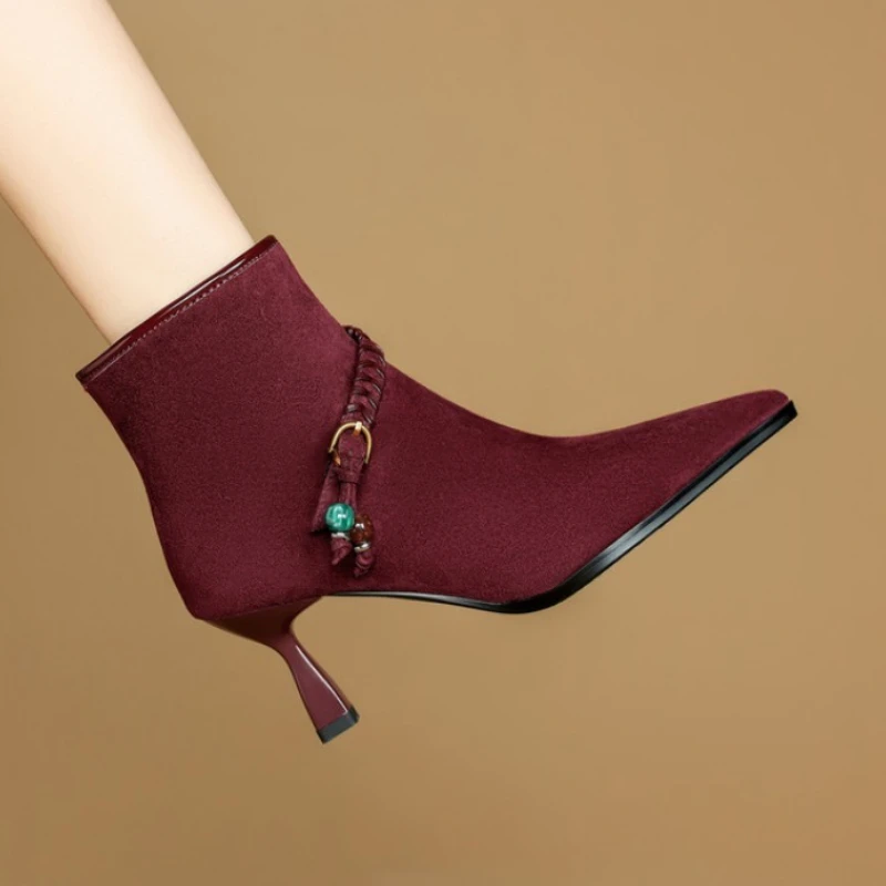 

Weave Women Ankle Boots Beaded High Heels Shoes Elegant New Winter Designer 2025 Pointed Toe Heeled Shoes Sexy Party Pumps Botas