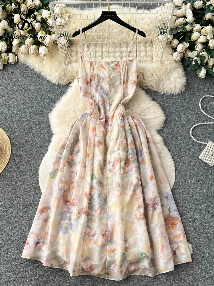 SINGREINY France Gentle Chiffon Dress Floral Print Spaghetti Strap Zipper Backless Pleated Women Chic Party A Line Long Sundress