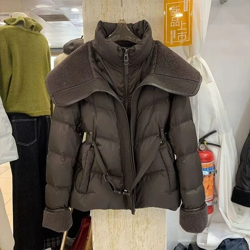 Women's Short Cotton Coat Winter New Fleece Spliced Wide Lapel Loose Jacket Winter Waist Drawstring Zipper Warm Outerwear