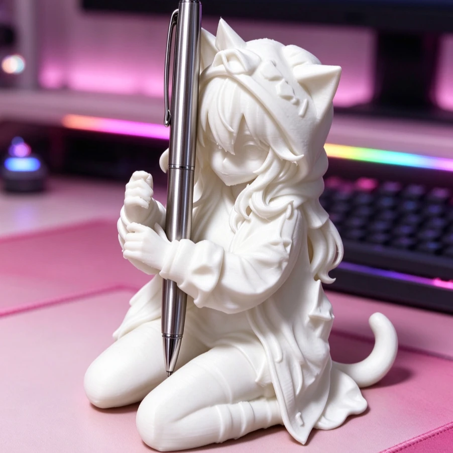 Cat Ear Girl Pen Holder 3D Printed Pink Anime Figure Pen Stand Desk Organizer Decorative Stationery Gift for Home Office