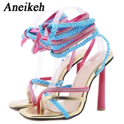 Aneikeh Moda Estate Gladiatore Tacchi Sandali da donna Tessuto intrecciato Cinturino alla caviglia Tacchi alti Scarpe da ballo per feste Lady Wedding Stiletto