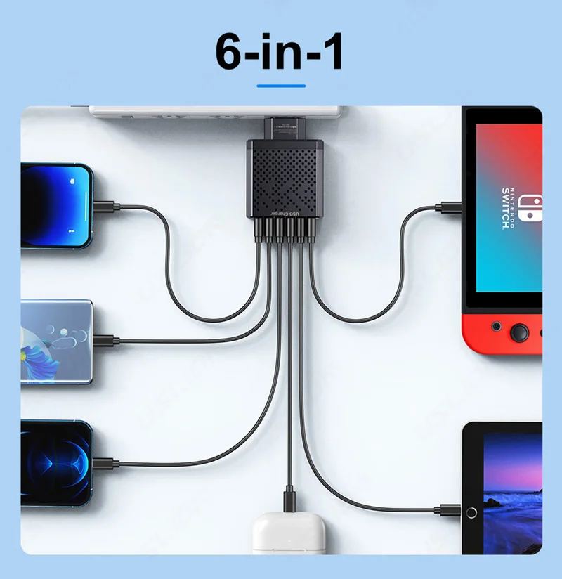 6-in-1 Multi Port Charging Head 5v3a Fast Charging Head Qc3.0 Quick Charging For Samsung S23 Xiaomi Eu/kr/us/uk Adapter Plug