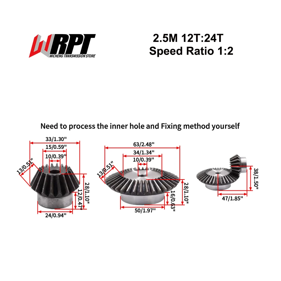 1 Pair 2.5 Moudlues 12 Teeth With 24 Teeth Speed Ratio Bevel Gear 90-degree CNC Transmission 1:2 bevel gears 2.5M 12T:24T