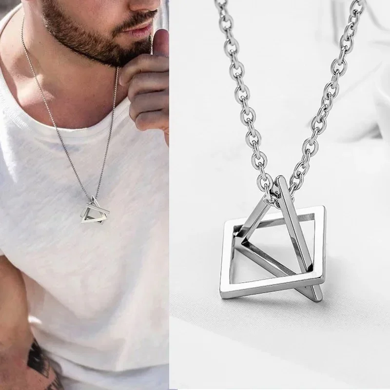 Collares Con Colgante Trendy Interlocking Square Triangle Pendant For Men Geometric Stacking Streetwear Hip Pop Rock Necklace