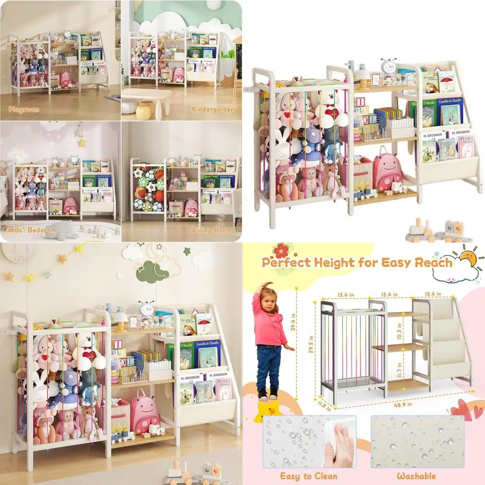 Rak Buku dan Penyimpanan Mainan Anak B1, Rak Buku 3 Tingkat untuk Kamar Anak, Rak Buku Bayi Model Gantung dengan Penyimpanan Boneka, Montessori