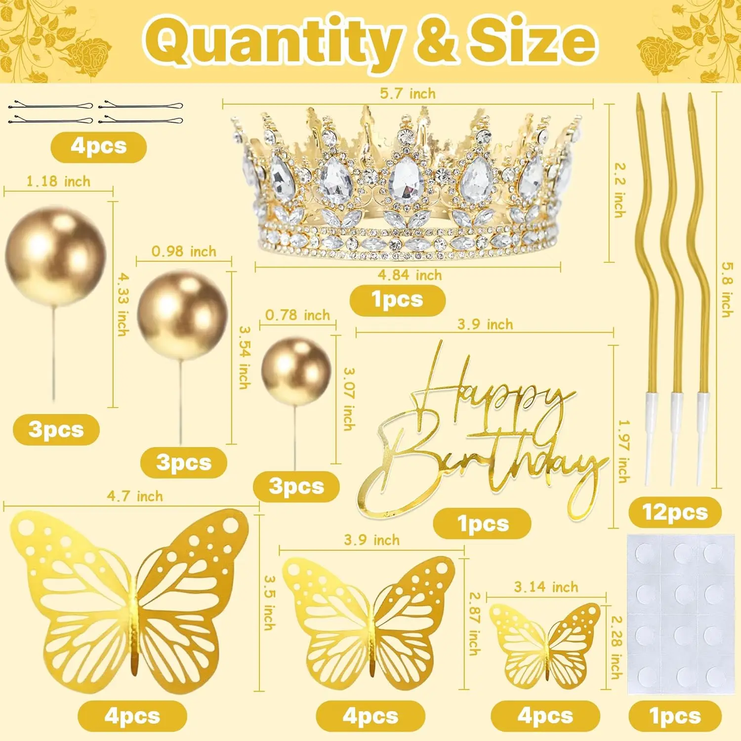 Kronen-Kuchenaufsatz, Kugeln, alles Gute zum Geburtstag, Kuchenaufsätze mit Kerzen, goldene Schmetterlinge, Kuchendekorationen für Hochzeit, Babyparty, Party – Detail 8
