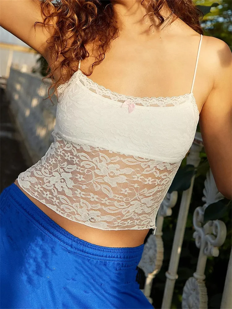CHRONSTYLE 섹시한 여성 레이스 캐미솔 프론트 활 민소매 스파게티 스트랩 노출 배꼽 탱크 크롭탑, 2024 미니 조끼
