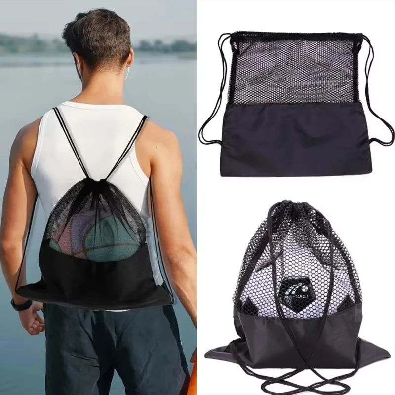Basketball Bag Double Shoulder Drawstring Bag Ball Bag Multifunctional Student Football Storage Bag Mesh Bag Basketball Pump