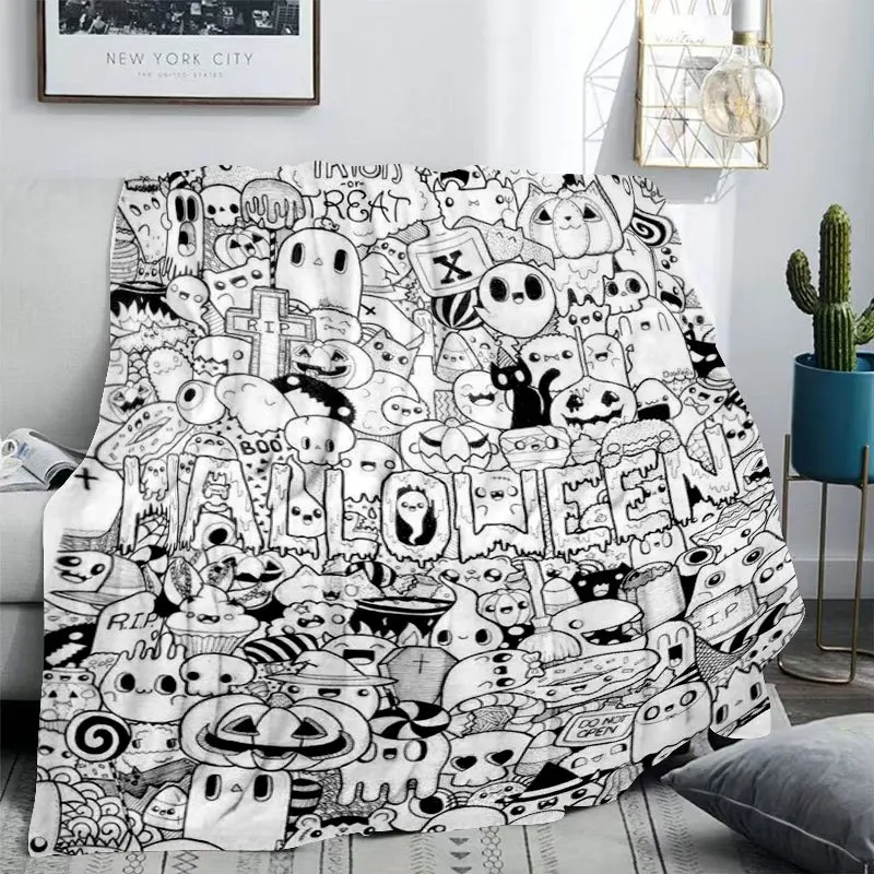DIY Coloring Flannel Blanket. Spooky Pumpkin Halloween Print, Skin Friendly Warm for Office Camping Sofa, Holiday Gift. Coloring