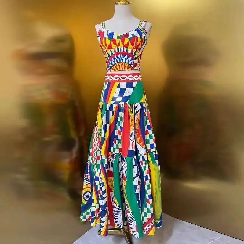JAMERARY Runway Floral Two-piece Set For Women Summer Sexy Crop Tops Print A Line Maxi Long Skirts Suits Beach Outfits