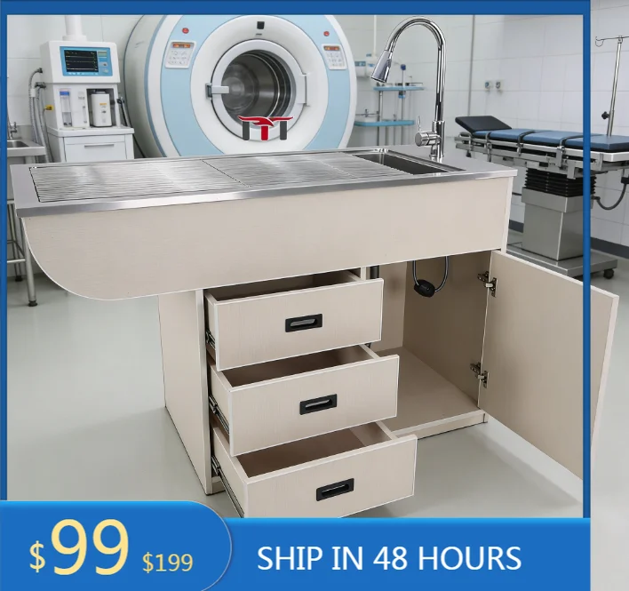 MT MEDICAL Affordable Wooden‑framed Wet Pet Treatment Table With 3 Drawers 1 Cabinet For Pet Diagnostic Surgical Use