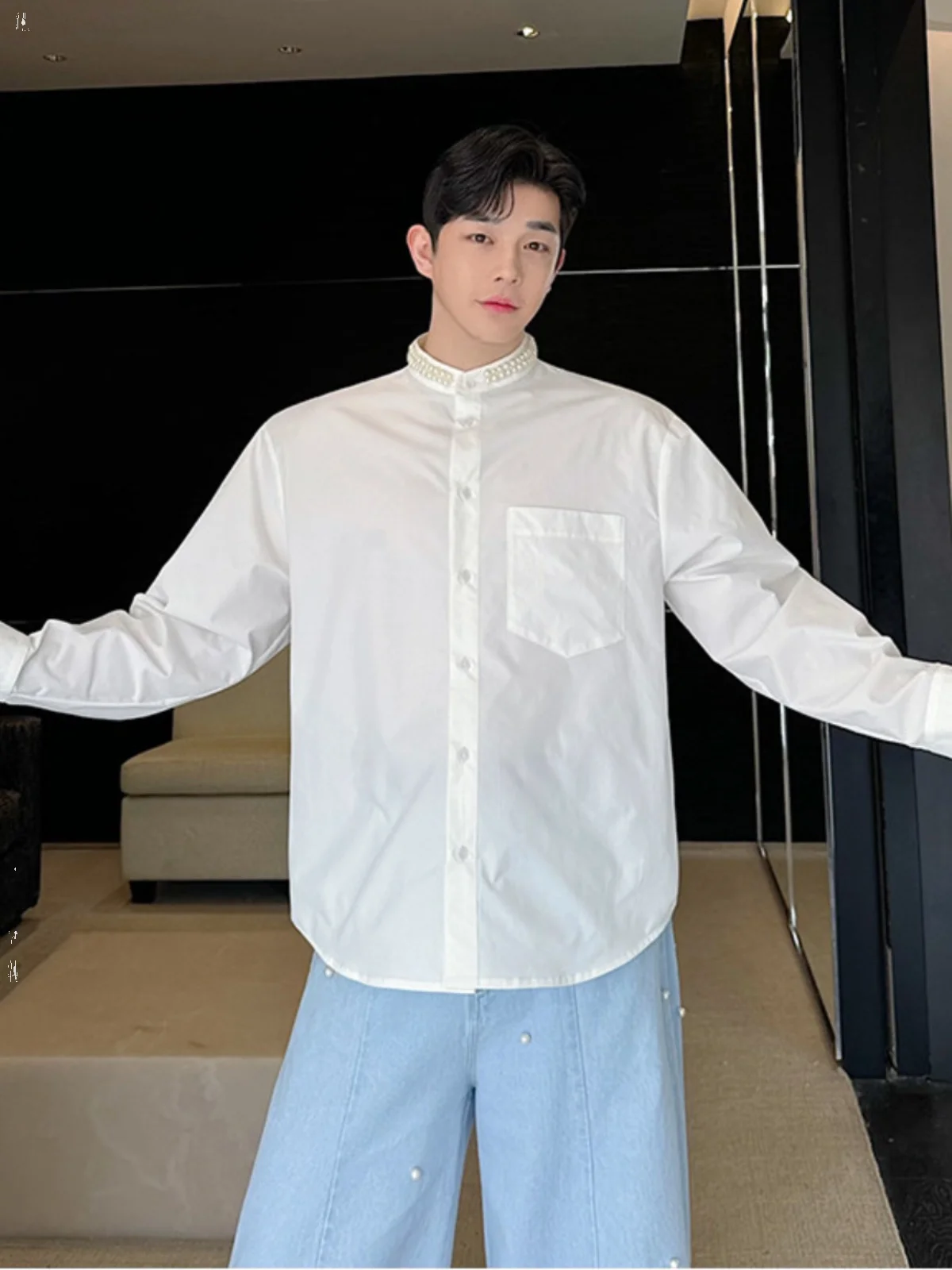 

Spring Autumn New Sle White Stand Collar Men's Long Sve Casual irt Hand Sewn Pearl Trendy Top Youth ular Loose Fit