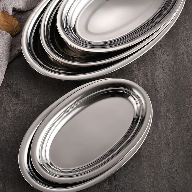 1 Pcs Korean Style Stainless Steel Oval Shaped Plate Steamed Fish Tray BBQ Rice Roll Dinner Dish