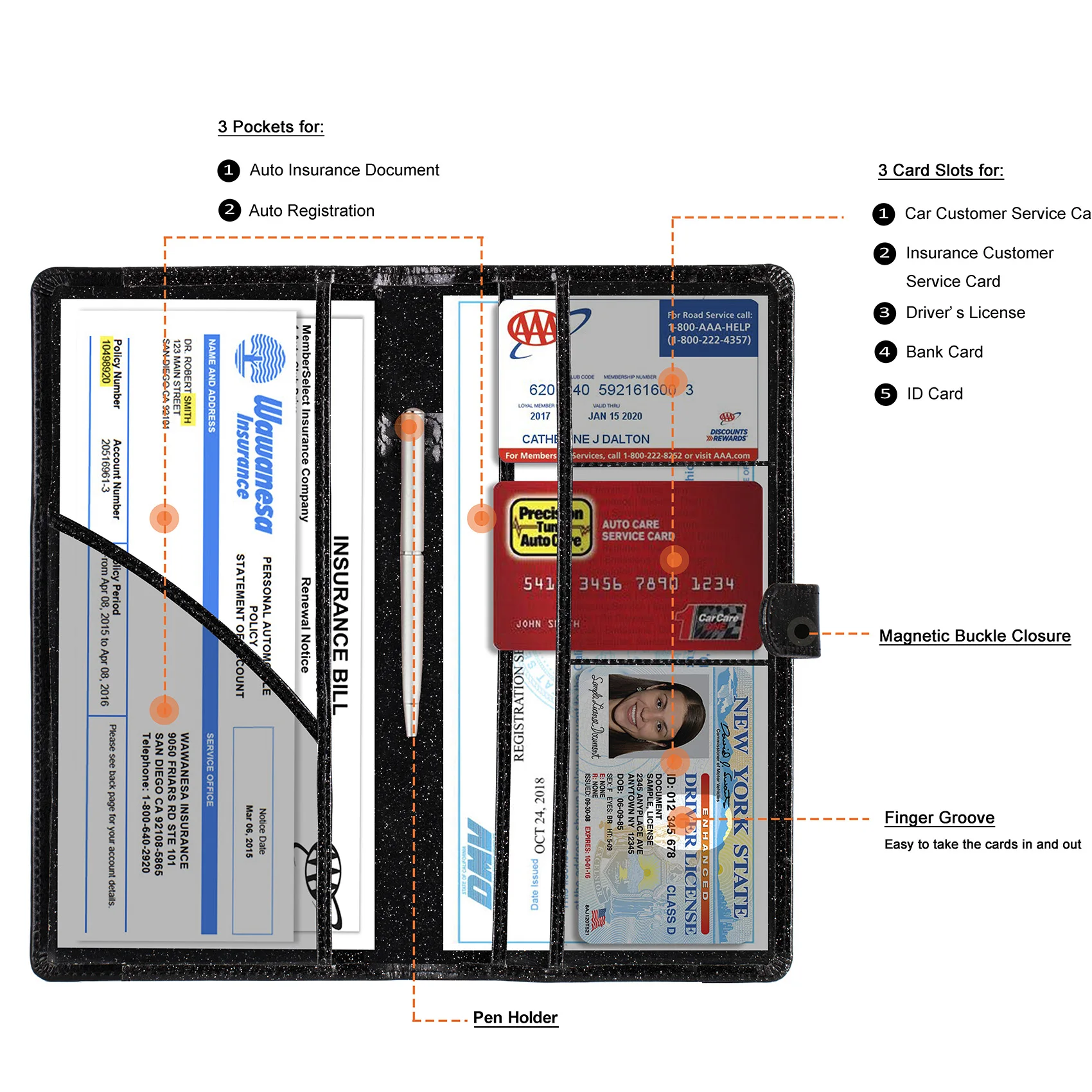 Car Registration and Insurance Card Holder, Car Accessories Vehicle Glove Box Organizer with Magnetic Closure