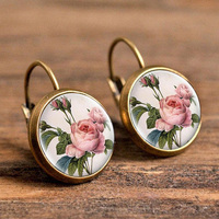Vintage Pink Rose Flower Earrings Retro Round Antique Bronze Glass Dome Earrings For Women Jewelry