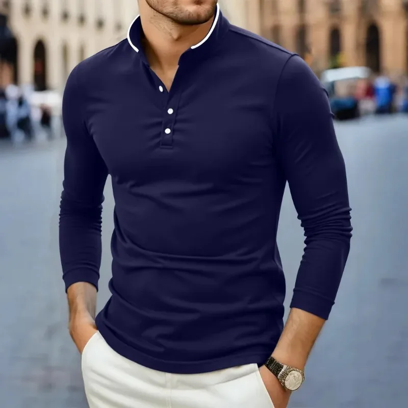 

2026 New Men's Casual and Fashionable Solid Color Long Sleeved Stand Up Collar T-shirt Summer Versatile and Comfortable Top