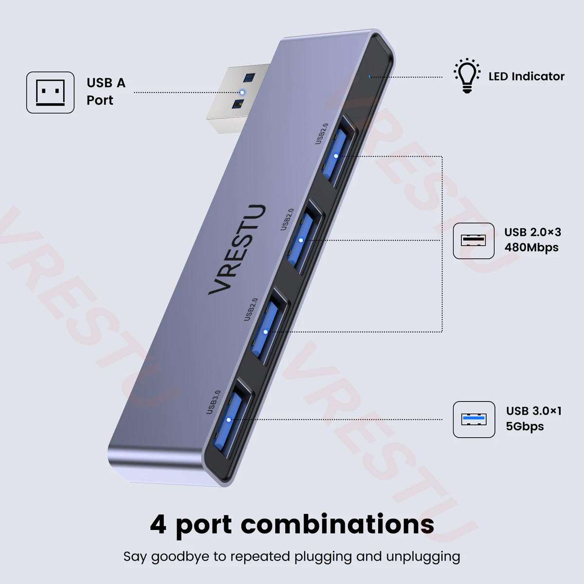 4 Port USB HUB USB 3.0 Multi Expander Hab USBA Splitter Power Adapter 5Gbps High Speed OTG Expansion for PC Computer Accessories