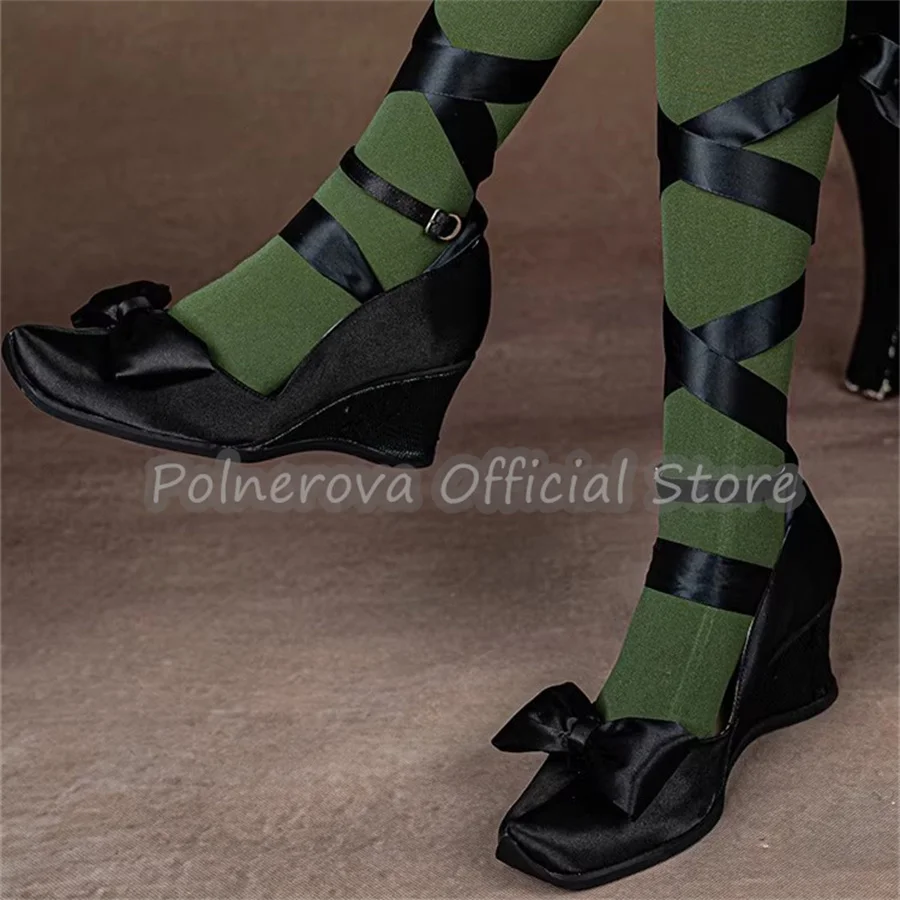 Retro Lace Wedge High Heel Women Mary Janes Pumps Butterfly Knot Square Toe Leg Cross Strap Sandals Lolita Girl Dress Shoes