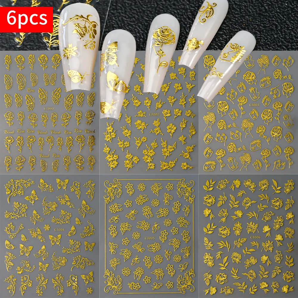 6 Teile/satz 3D Multi-Farbe Floral/Schmetterling Nagel Aufkleber 8*10 cm Bunte Laser Glänzende Blumen Nagel Aufkleber DIY Maniküre Blumen Kit