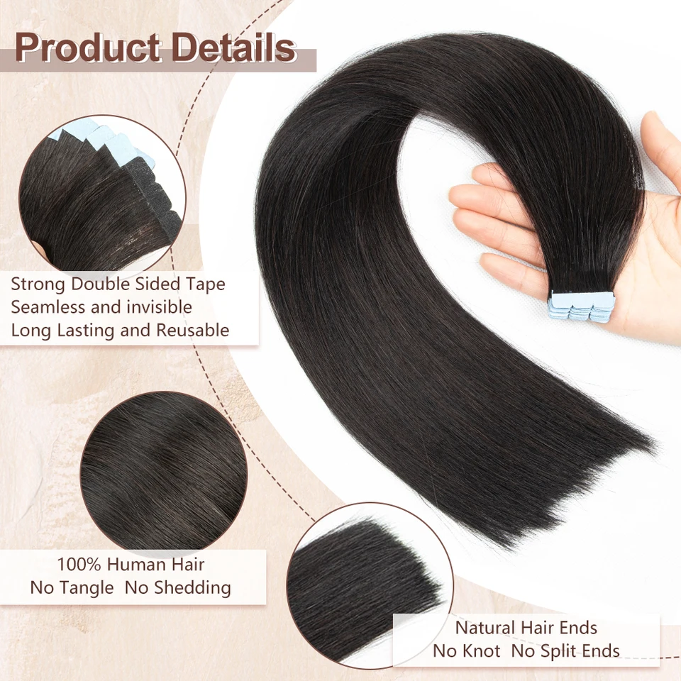 Mini Extensiones de Cabello Humano con Cinta Adhesiva, Doble Cara, Invisibles y Sin Costuras, 10 Piezas por Set, Negro, Castaño, Rubio Natural 2
