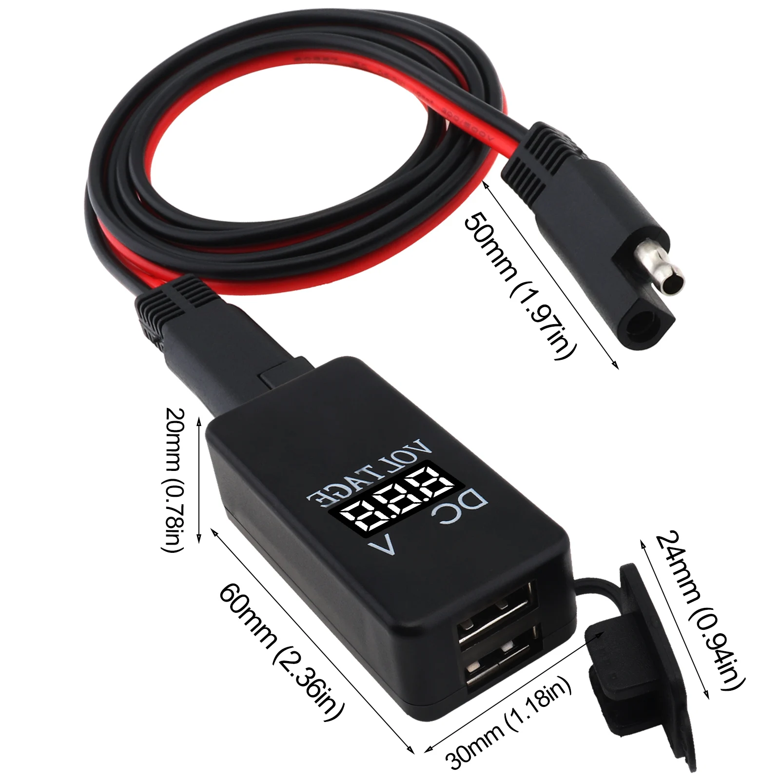 12V-24V 2.1A SAE Dual Car USB Cable Adapter Waterproof Dual Port Auto Power Socket Smart Phone Tablet GPS Charger with Voltmeter