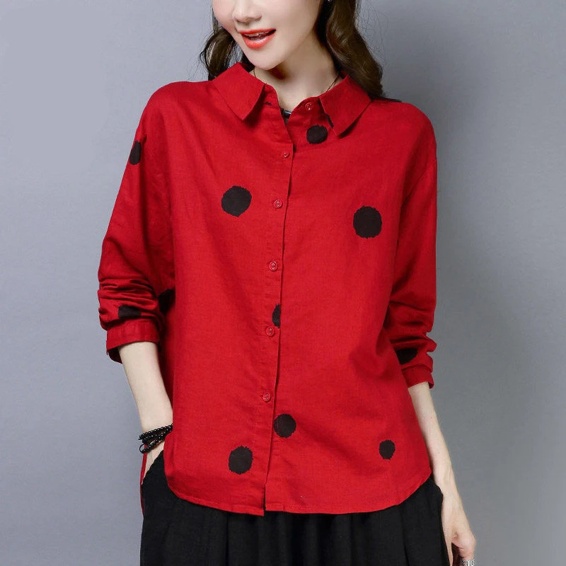 Plus Size Shirt Women Polka Dot Cotton Linen Shirts woman Spring Autumn Long Sleeve Casual Blouse Ladies Tops New 2023