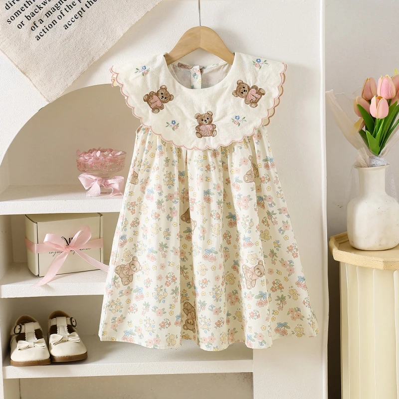 

Summer Girls New 2025 Korean Version Flower Collar Embroidered Bear Dress Foreign Style Children's Vest Floral Skirt