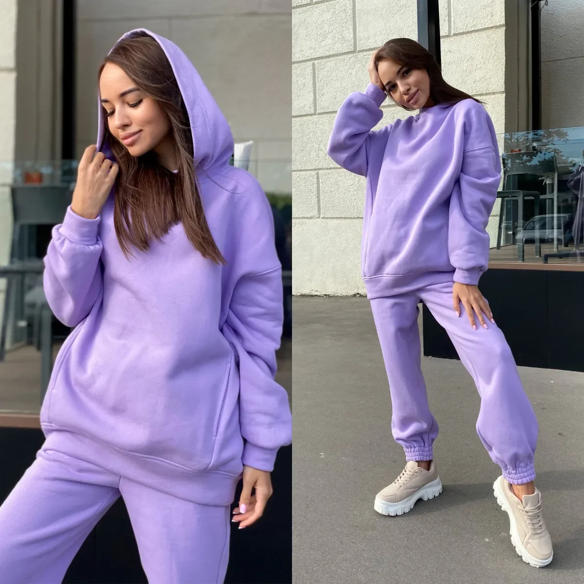 Autumn and Winter New Fashion Women's Y2K Hoodie Suits Loose Fitting Solid Color Simplicity Sweater Casual Lace Up Pants Sports