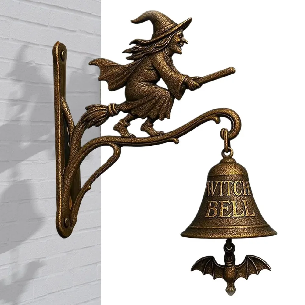 Vintage Halloween Witch Doorbell Sounding Alloy Witch Hanging Ornament Wall-mounted Copper-colored Halloween Door Hanger Garden