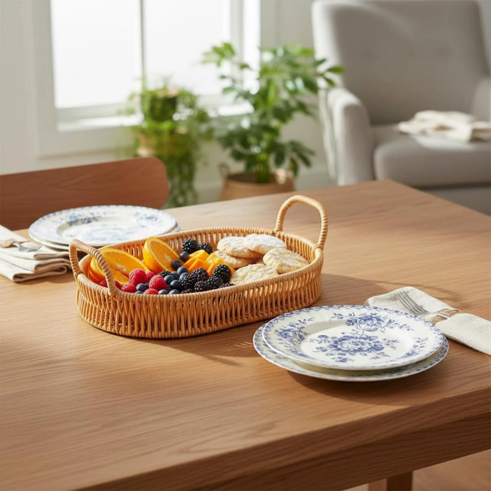 Woven Serving Tray Loop Handles Rectangular Rattan Tray Shallow Basket Natural Texture Home Decor Versatile