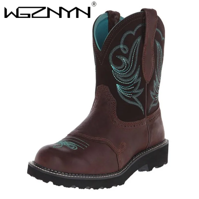 Luxury Women Mid Length Leather Boots Women Embroidered Cowboy Boot Western Comfortable Shoes Outdoor Cycling Non Slip Overshoes