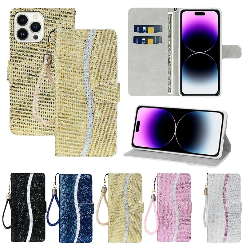 Glitter Anti-fall Wallet Flip Leather Case For iPhone 16 Pro Max 15 Plus 14 13 Mini 12 11 SE2 X XR XS 8 7 With Hand Strap Cover