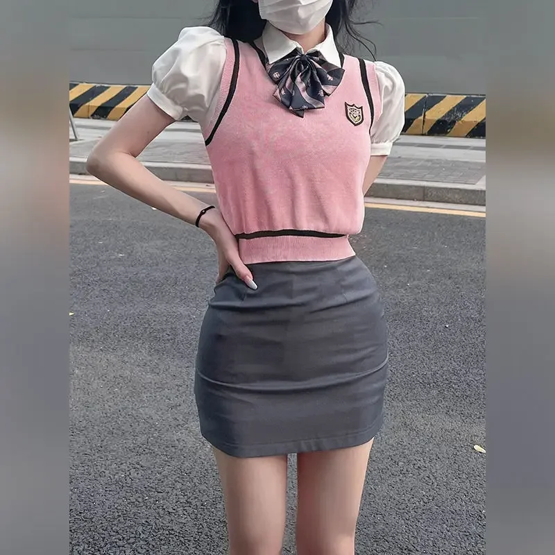 2023 korean japan british style uniform female summer jk uniform girls slim shirt waistcoat wrap hip skirt three-piece set g870