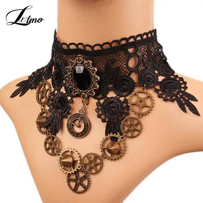 Collares Sexy Gothic Chokers Crystal gear chain Black Lace Neck Choker Necklace Vintage  Women Chocker Steampunk Jewelry