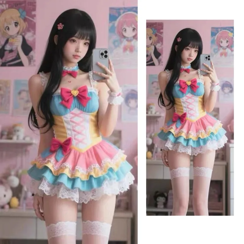 

Contrast Color Bow Lace Suspender Short Dress Summer Sweet Cute Girl Lolita High Waist Slim Fit Birthday Cake Tutu Dresses