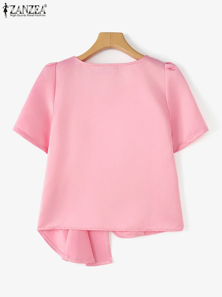ZANZEA Women Summer Tops Asymmetrical Tunic Satin Blouse 2025 Fashion Casual Silk Shirts Elegant Short Sleeve Office Lady Blusas