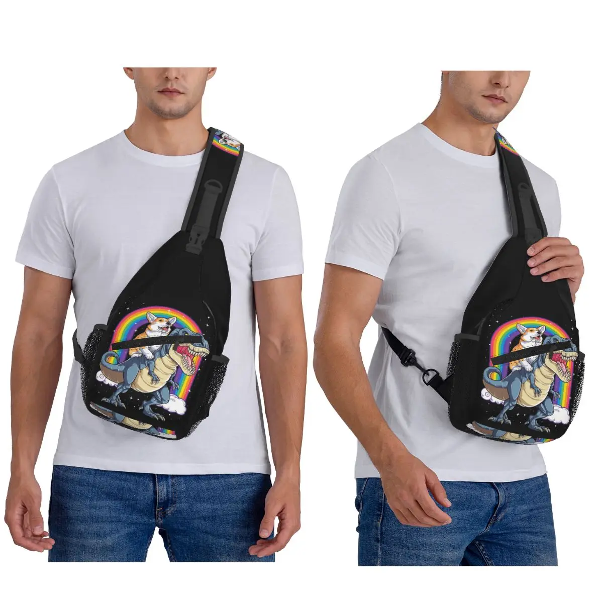 كورجي ركوب ديناصور تي ريكس قميص مضحك قوس قزح الكلب حقيبة صدر للرجال الرجال الرافعة Crossbody على ظهره حقيبة صدر للرجال المشي لمسافات طويلة Daypack حقيبة كتف