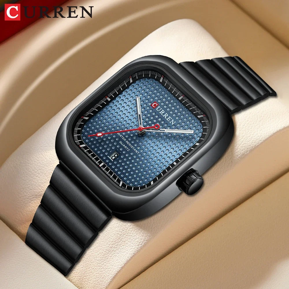 

CURREN Luxury Casual Watch Top Brand Fashion Square Dial Stainless Steel Calendar Luminous Waterproof Men Watch Male Clock+Box