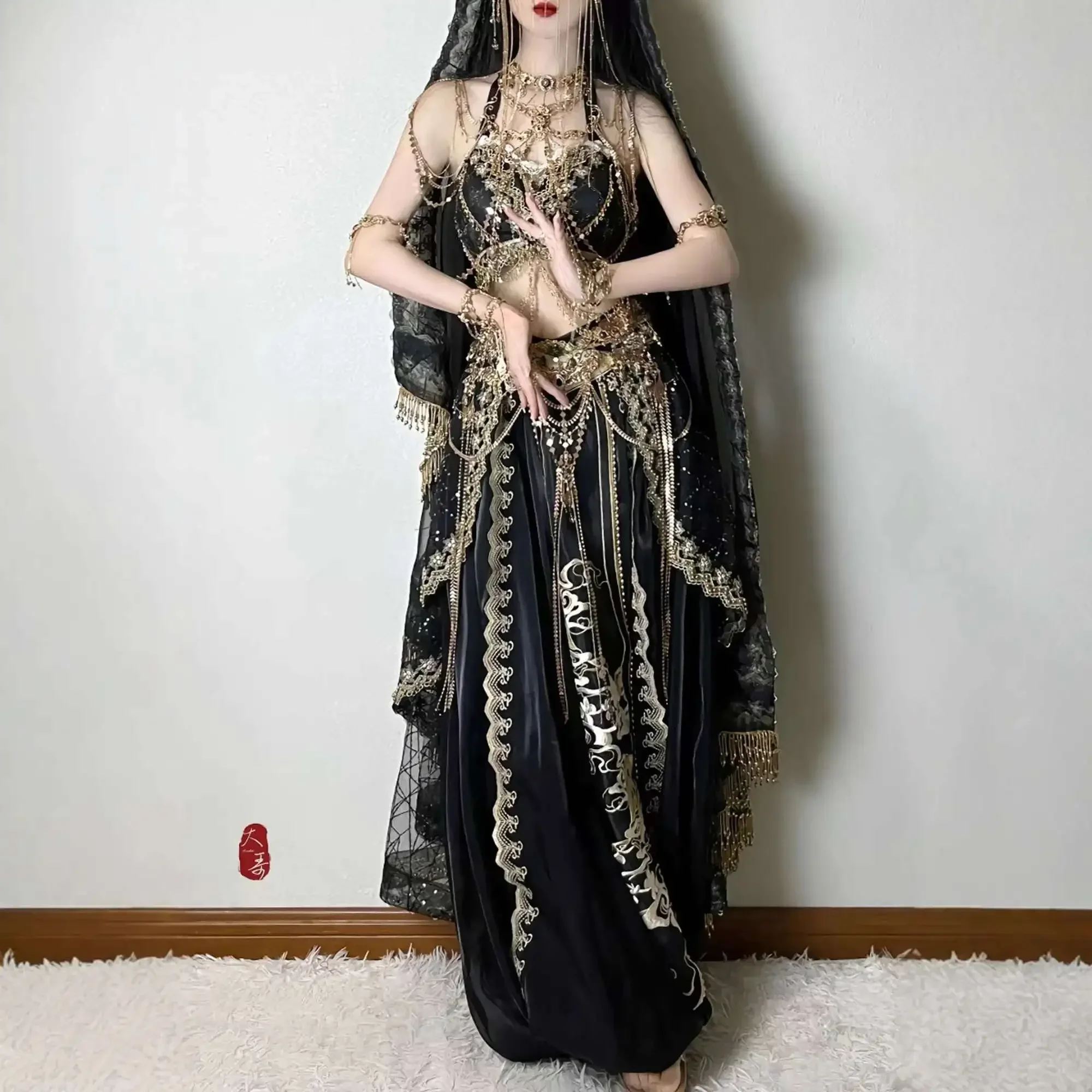 둔황 플라잉 아파사라스 블랙 코스프레 드레스 세트 튜브 탑 얀 스커트 베일 및 장신구 포함 공주 여행 촬영 의상