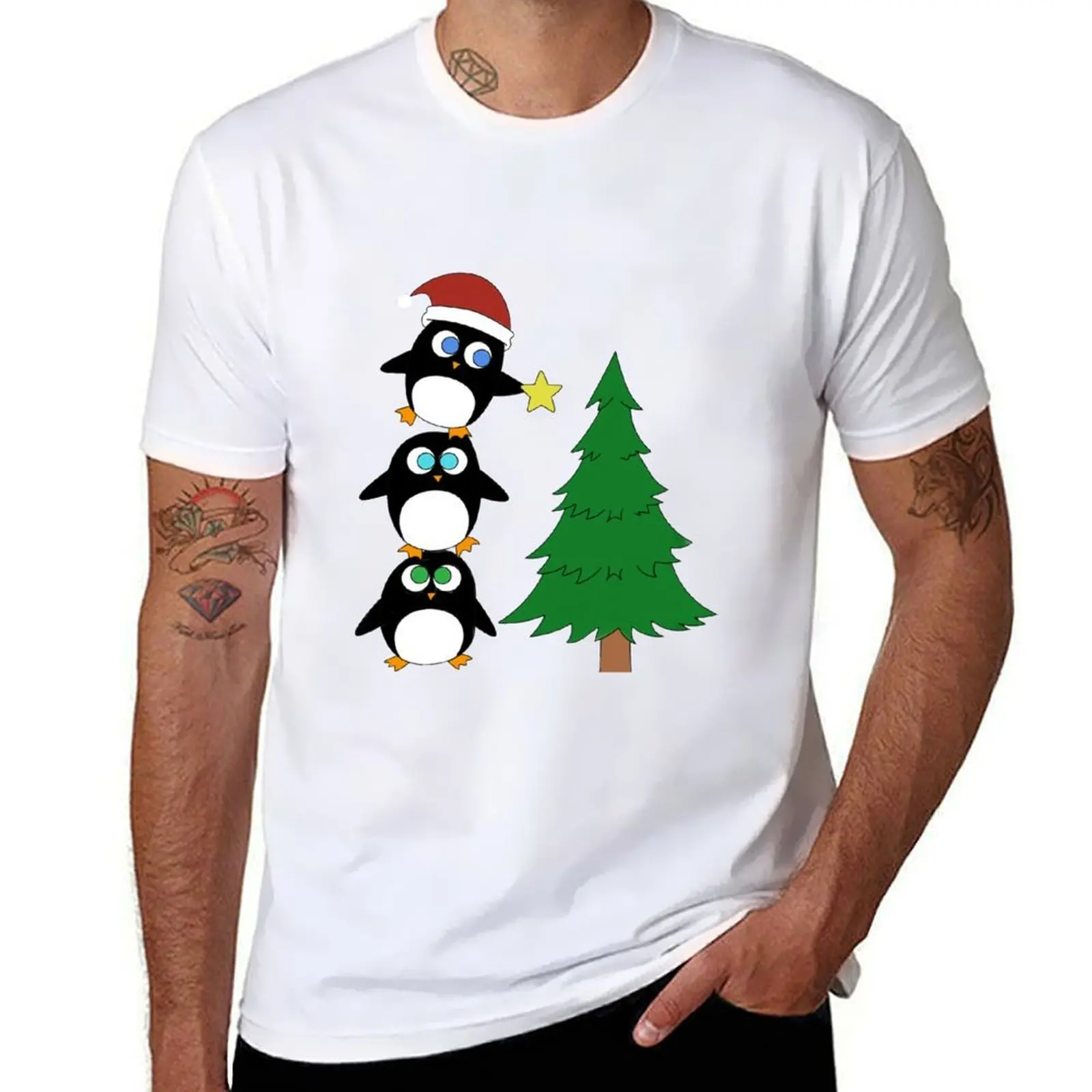 

Three Penguins decorating a Christmas tree. T-Shirt men t shirt cotton 100% anime t shirts for man T-Shirt