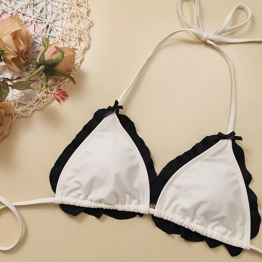 เซ็กซี่สีขาวสีดํา patchwork bow tie ชุดบิกินี่สองชิ้น ruffles halter ชุดว่ายน้ําชุดว่ายน้ําชุดชายหาด biquini tankini