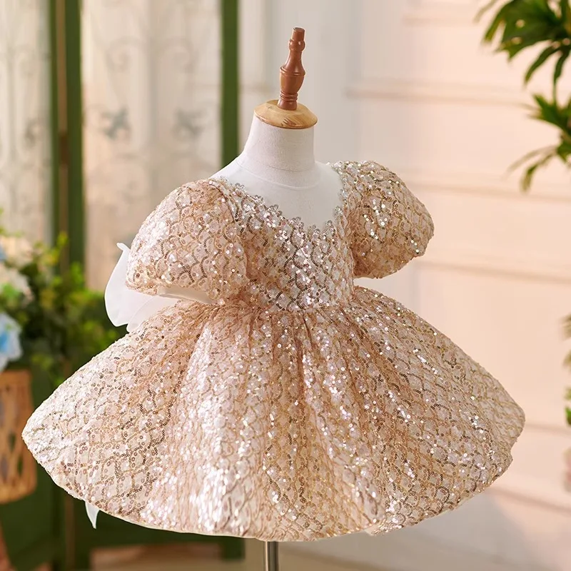 New luxury Birthday dance Party Dresses for Girls wedding golden sequin Big bow Tutu Fluffy kids baby Tulle Flower Girl Dress