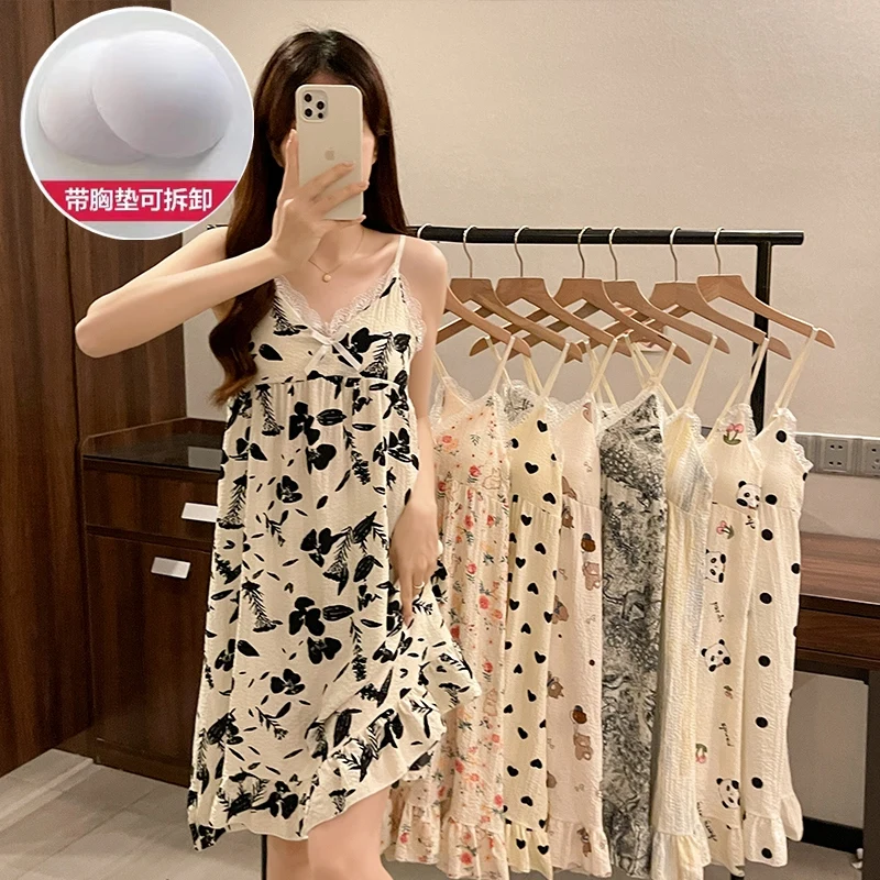 2024 Summer Cotton Print Sexy Lace Lingerie Spaghetti Strap Nightgowns for Women Korean Sleepwear Nightdress Night Dress Nighty