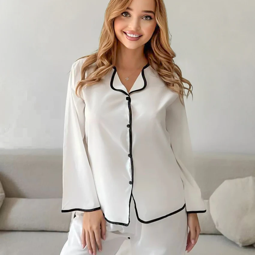 

Комплект Hiloc Home: белая блузка с длинным рукавом и свободные брюки, 2 предмета, повседневный пижамный комплект, мягкий домашний костюм, весенняя комфортная одежда для сна