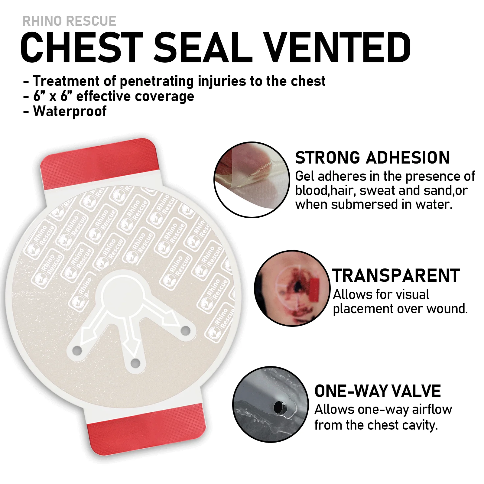 RHINO RESCUE Tactical Chest Seal Vented, Trauma Care for Combat Medics Chest Sealing Patch,IFAK Supplies