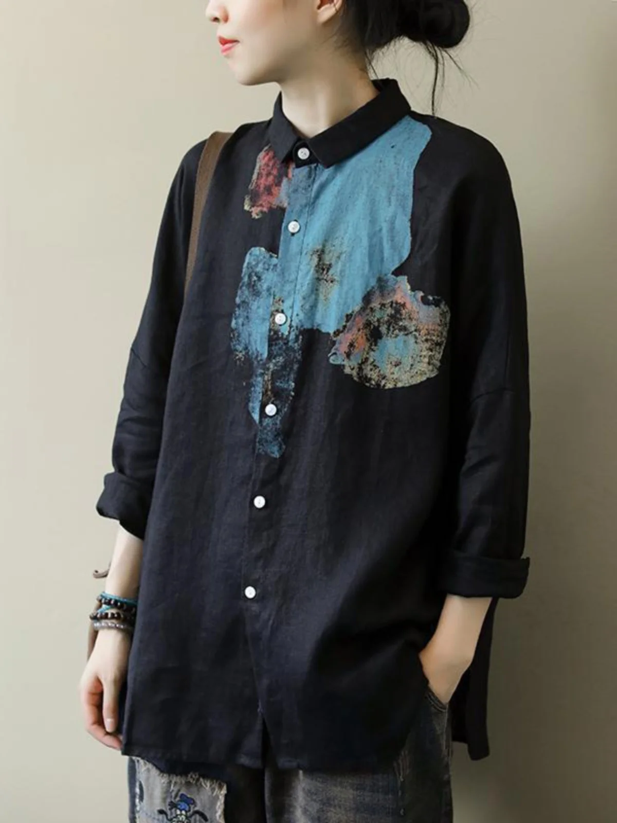 Top con bottoni larghi e vestibilità ampia con colletto casual versatile da donna in cotone e lino con stampa artistica giapponese