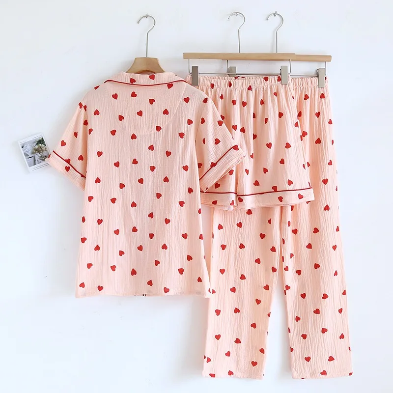 New spring and summer women\'s pajamas 3-piece set short sleeves + shorts + trousers 100%cotton crepe Love print homewear set