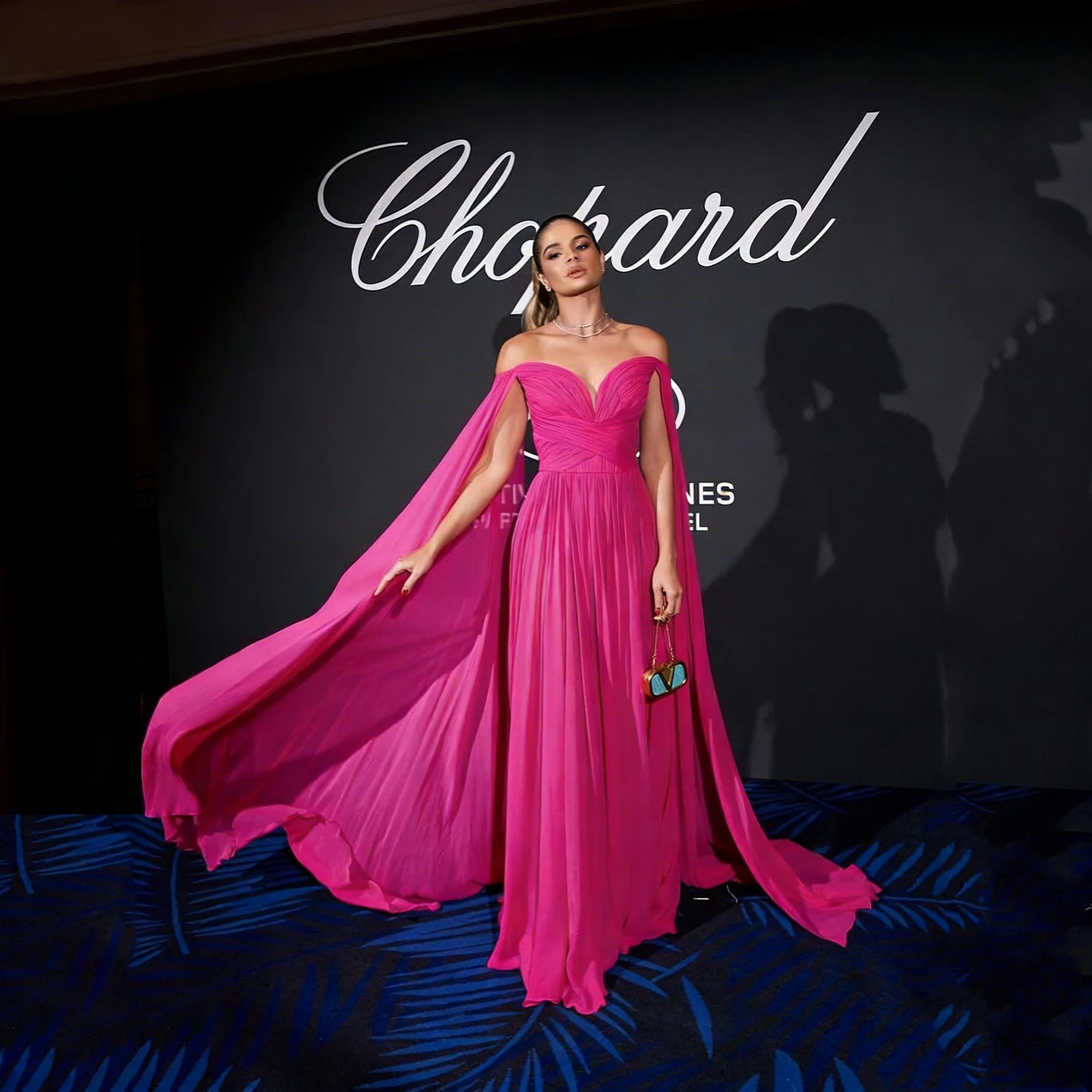 Hot Pink Off The Shoulder Evening Dress Floor Length Sweetheart A Line Prom Gowns Party Gown for Women Customized - view 2