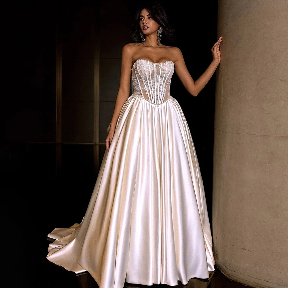 

Customized Dreamy White Satin Wedding Dress Formal Sweetheart Sleeveless Bridal Gowns Soft A-Line Court Train Vestido De Novia
