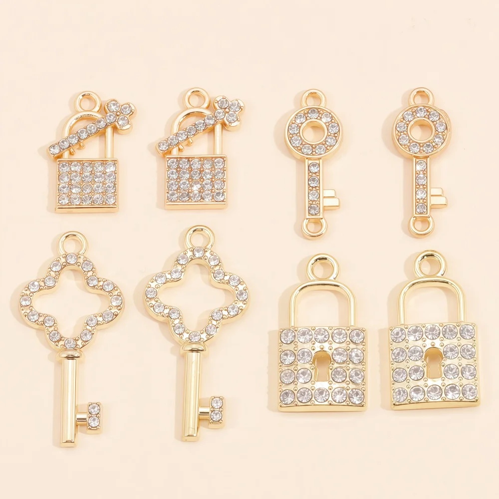 10Pcs Luxury Shiny Gold Color Lock Key Charms Zircon Alloy Pendant for DIY Making Necklaces Bracelet Jewelry Accessories Gifts